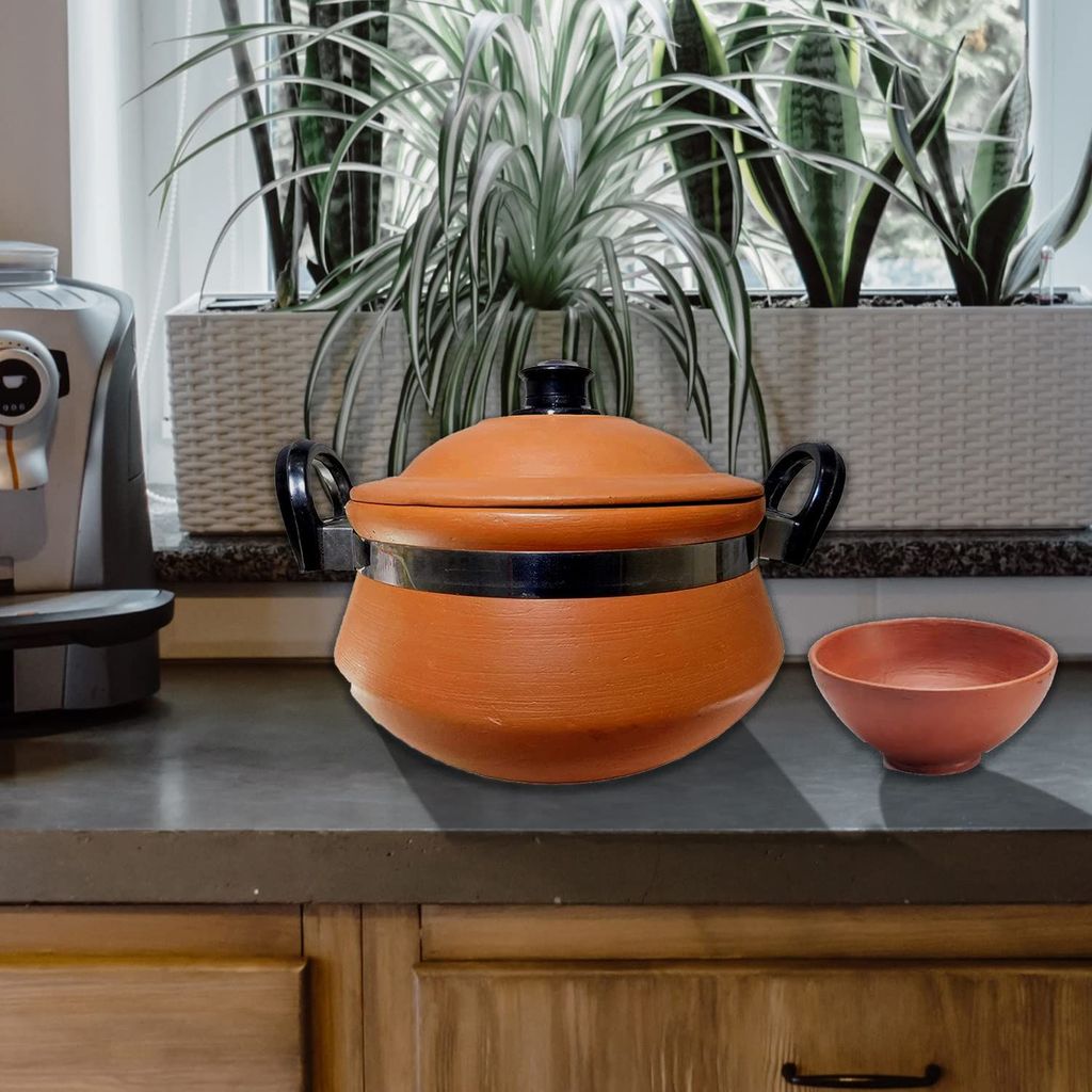 KSI Handmade Mitti Terracotta Clay Handi with Lid for Cooking on Gas (2 L & 3L)