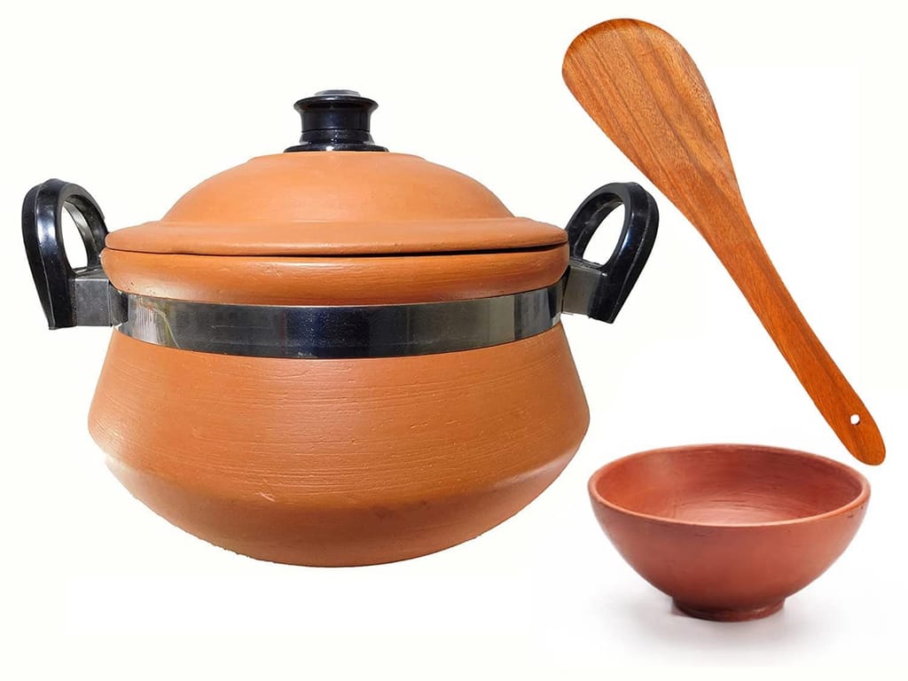 KSI Handmade Mitti Terracotta Clay Handi with Lid for Cooking on Gas (2 L & 3L)