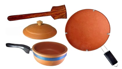 KSI Terracotta Clay Frypan with Lid and Clay Tawa with Wooden Palta Spatula Combo for Kitchen