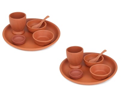 KSI Clay Terracotta Dinner Set Clay Thali Set with Plate Glass Bowl Including Pickle Bowl and Spoon Clay Dining Set (Brown) Set of 2