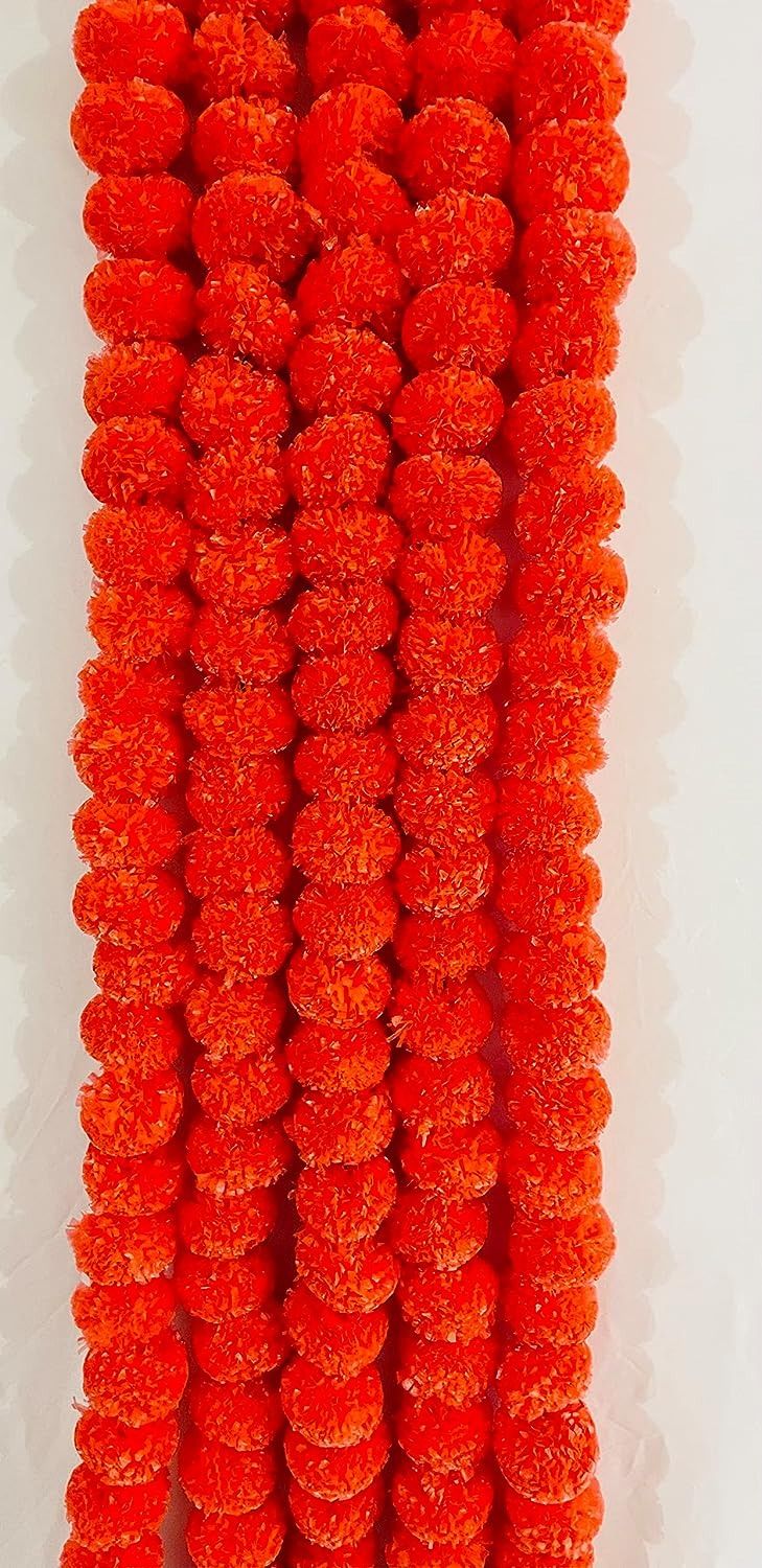Artificial Marigold Fluffy Flowers Garlands for Decoration - (Dark Orange, 5 Pieces)