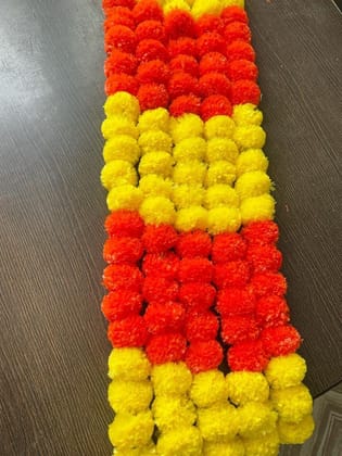 Artificial Marigold Fluffy Flowers Garlands for Decoration - Pack of 5 (Yellow and Dark Orange Patterned)