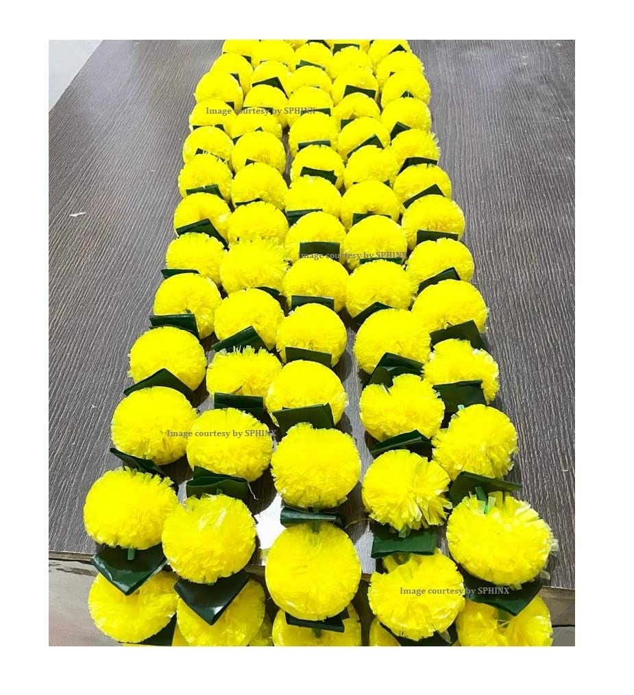 Artificial Marigold Fluffy Flowers Garlands for Decoration - Pack of 5 (Yellow with Green Leaves)