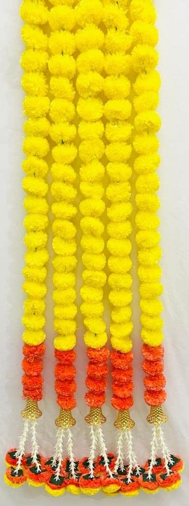 Artificial Marigold Fluffy Flowers Garlands for Decoration - Pack of 5 (Orange,Yellow Mix with Bell)