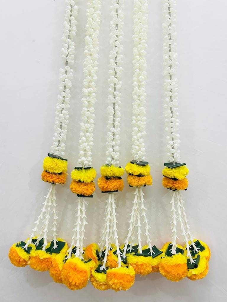 Artificial Marigold,Jasmine,Lily,Green Leaves Tassles Garlands/Wall hangings for mandir Housewarming Festive Decorations - (Approx 3.44 ft/105 cms/41.3 Inches, 5 Pieces, Yellow & Light Orange)
