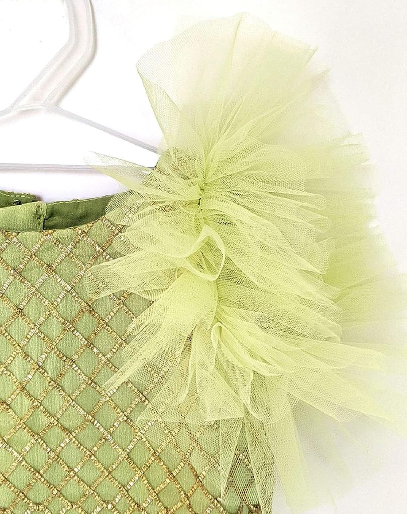 Fitting Choli Flare Ghagra Gota Fabric Fluffy Ruffle Sleeves |Birthday Dress Green,Pink