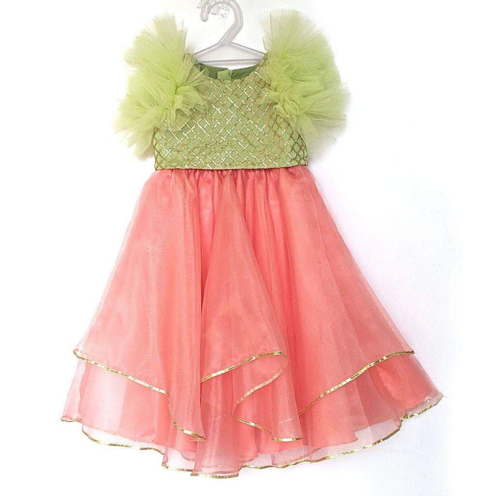 Fitting Choli Flare Ghagra Gota Fabric Fluffy Ruffle Sleeves |Birthday Dress Green,Pink