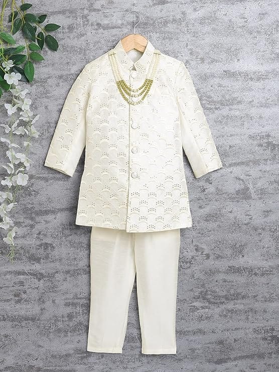 AHHAAAA Kids Ethnic Cotton Silk Blend Sequin Print Indo-Western Sherwani Set for Boys