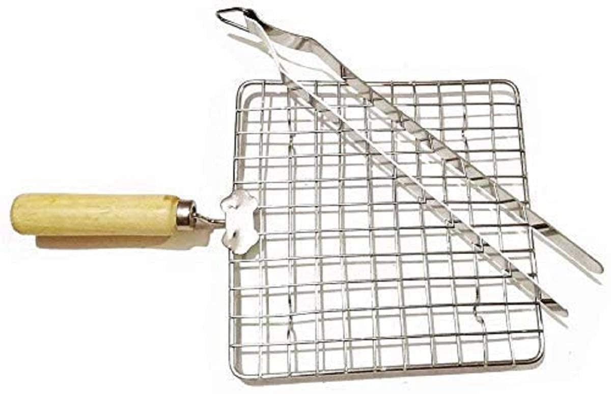 Vessel Crew Combo of Stainless Steel Food Strainer/Roasting Net with Wooden Handle and Stainless Steel Roti Chimta/Tong