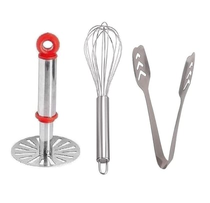 Vessel Crew Combo of Stainless Steel Vegetable & Potato Masher, Stainless Steel Egg Beater Whisk and Stainless Steel Momo's/Ice Tong