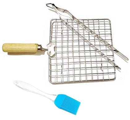Vessel Crew Combo of Stainless Steel Roasting Net with Wooden Handle, Silicone Oil Brush and Stainless Steel Roti Chimta/Tong