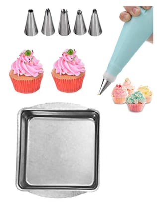 Vessel Crew Aluminium Square Shape Cake Baking Mould and Stainless Steel Cake Decorating Nozzle with Piping Bag Set of 6pcs Combo