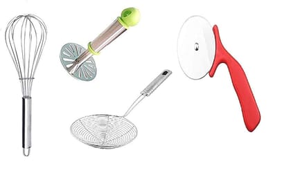 Vessel Crew Combo of Stainless Steel Potato Vegetable Masher, Egg Whisk and Deep Fry Strainer and Pizza Cutter for Kitchen (Set of 4pcs)