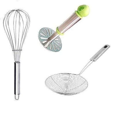vessel crew Stainless Steel Potato Vegetable Masher, Egg Whisk and Deep Fry Strainer (Silver) -Combo Set of 3 Pieces