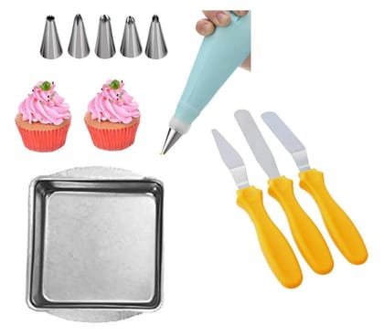 Vessel Crew Aluminium Square Shape Cake Baking Mould, Stainless Steel Cake Icing Spatula Knife Set of 3 and Stainless Steel Cake Decorating Nozzle with Piping Bag Set of 6pcs