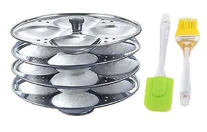 Vessel Crew Combo of Stainless Steel 4 Plate Idli Plates Idli Maker Stand (16 Slot) with Silicone Spetula and Oil Brush