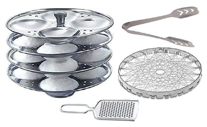 Vessel Crew Combo of Stainless Steel 4 Plate Idli Maker Stand (16 Slot), Steel Cheese Grater, Stainless Steel Momo's/Ice Tong with Steel Roasting Net