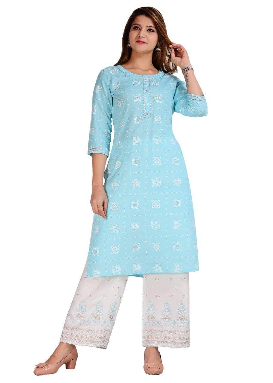 Monika Fashion Women's Handwork Rayon Straight Kurti Pant Palazzo Set