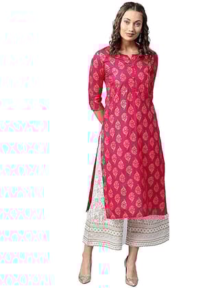 Women�s Rayon Mirror Work Long Kurta and Stripe Palazzo Set (Peach)