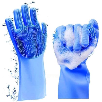 KAVISON Magic Silicone Dish Washing Gloves for Kitchen Dishwashing and Pet Grooming, Washing Dish, Car, Bathroom gloves(Blue)