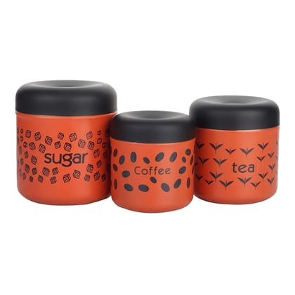 KAVISON Kitchen Stainless Steel Premium Color Coated & Printed Tea Coffee Sugar Canisters/Jar(800ml)(Red)_Set of 3
