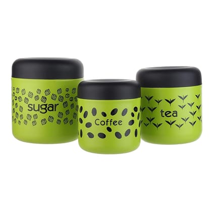 KAVISON Kitchen Stainless Steel Premium Color Coated & Printed Tea Coffee Sugar Canisters/Jar(800ml)(Green)_Set of 3
