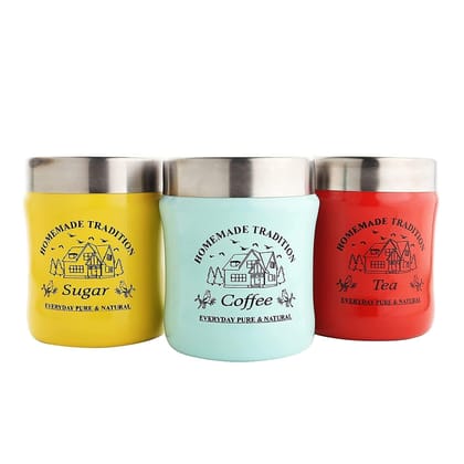 KAVISON Kitchen Stainless Steel Premium Color Coated & Printed Damru shape Tea Coffee Sugar Canisters/Jar Set of 3-800 ml Each