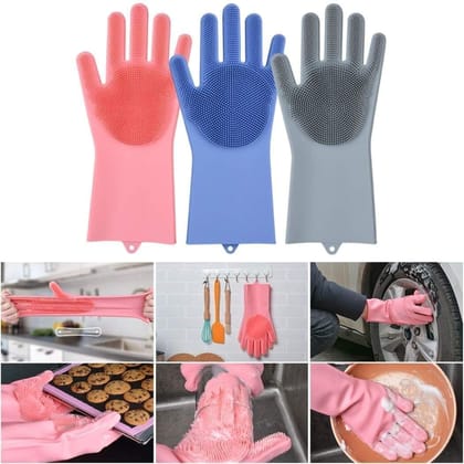 KAVISON Magic Silicone Scrubbing Gloves, Scrub Cleaning Gloves with Scrubber for Dishwashing and Pet Grooming (Multi Color)