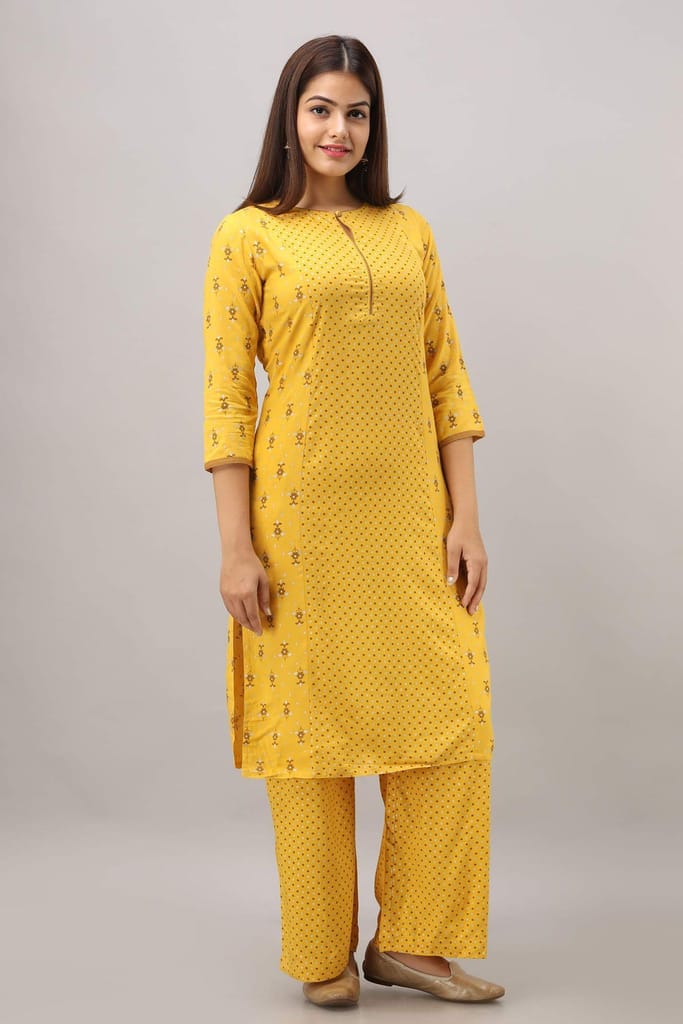JAIPURETHNICWEAVES Women's Rayon Geometric Printed Straight Kurta (Yellow)