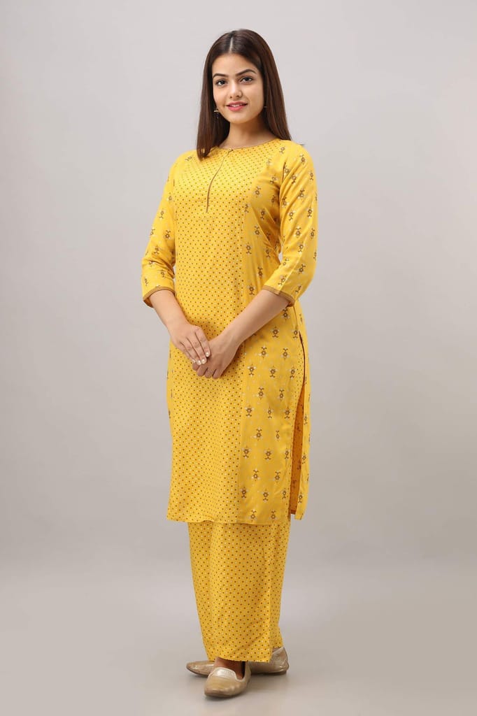JAIPURETHNICWEAVES Women's Rayon Geometric Printed Straight Kurta (Yellow)