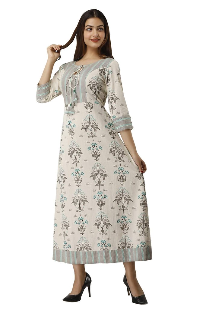 JAIPURETHNICWEAVES Women's Cotton Flax Printed Anarkali Kurta