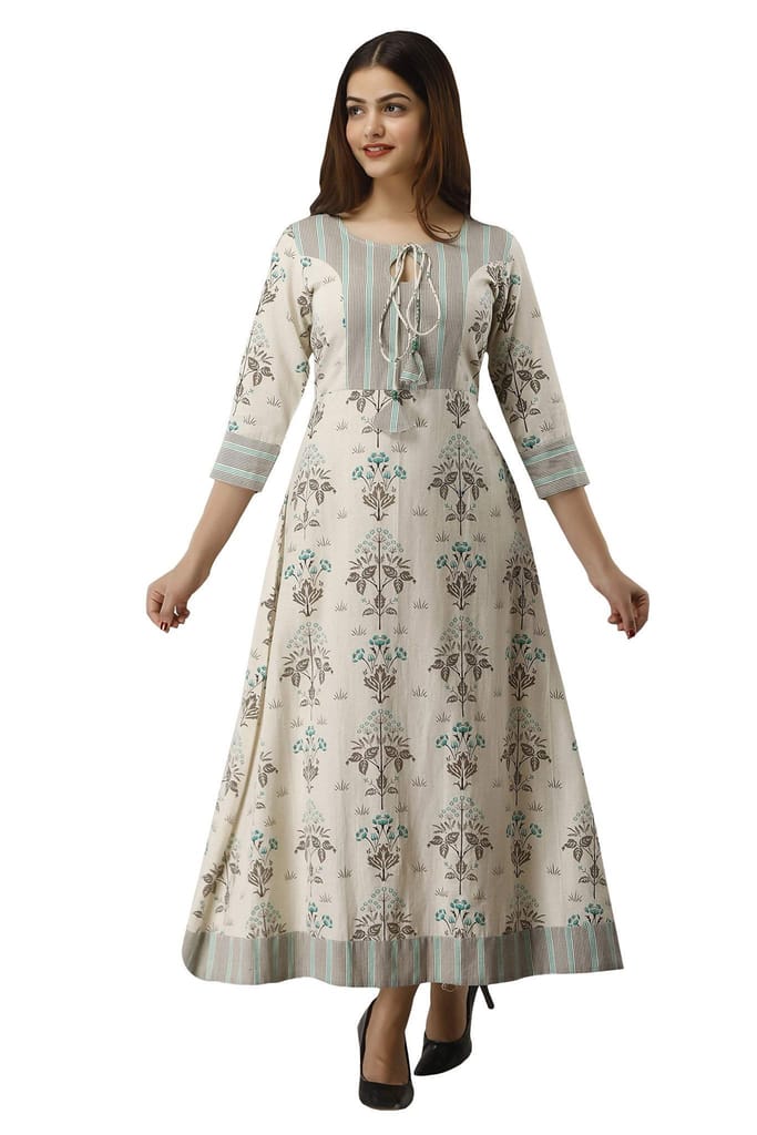 JAIPURETHNICWEAVES Women's Cotton Flax Printed Anarkali Kurta