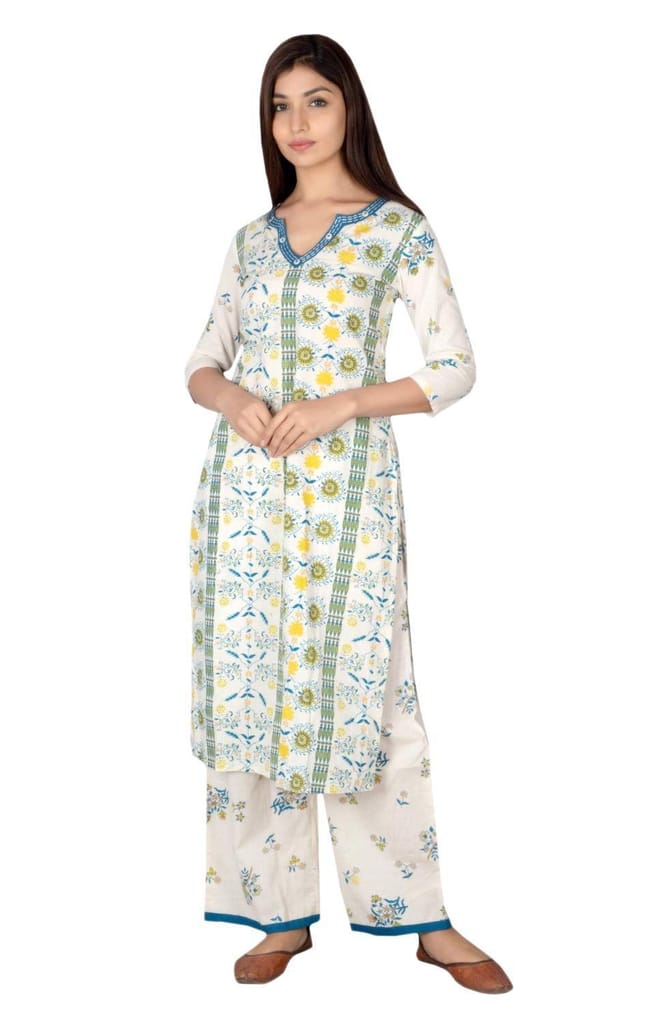 JAIPURETHNICWEAVES Women's Cotton Cambric Floral Printed Straight Kurta & Palazzo Set