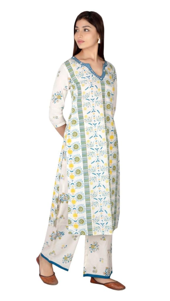 JAIPURETHNICWEAVES Women's Cotton Cambric Floral Printed Straight Kurta & Palazzo Set
