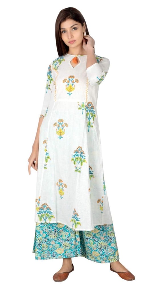 JAIPURETHNICWEAVES Women's Cotton Cambric Floral Printed Anarkali Kurta & Palazzo Set