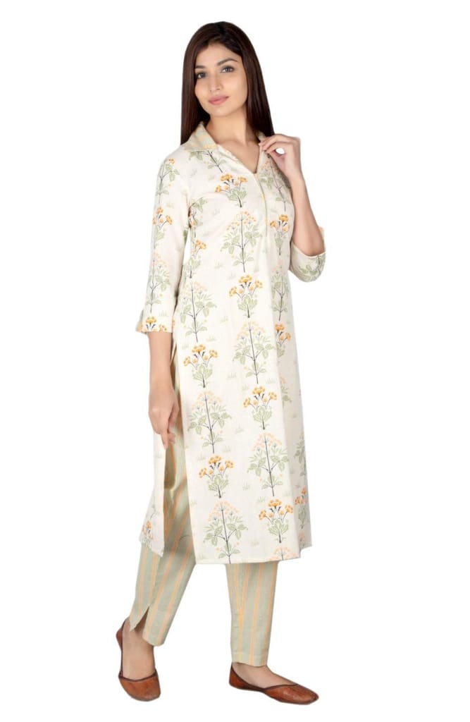 JAIPURETHNICWEAVES Women's Cotton Flax Floral Printed Straight Kurta & Palazzo Set