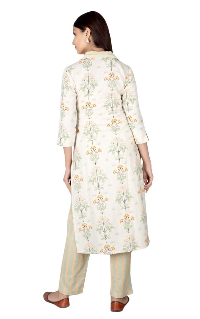 JAIPURETHNICWEAVES Women's Cotton Flax Floral Printed Straight Kurta & Palazzo Set