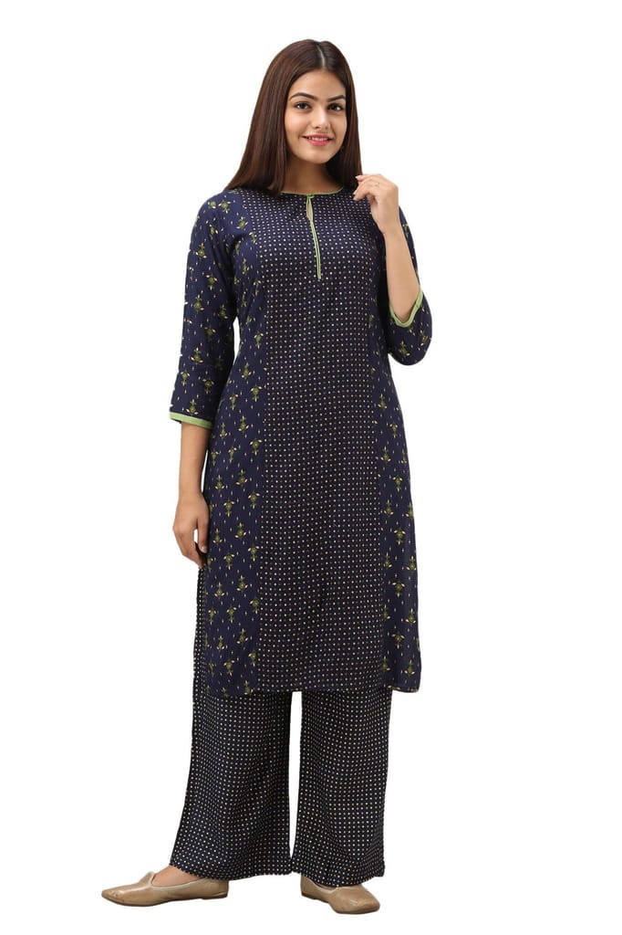 JAIPURETHNICWEAVES Women's Rayon Geometric Printed Straight Kurta & Palazzo Set