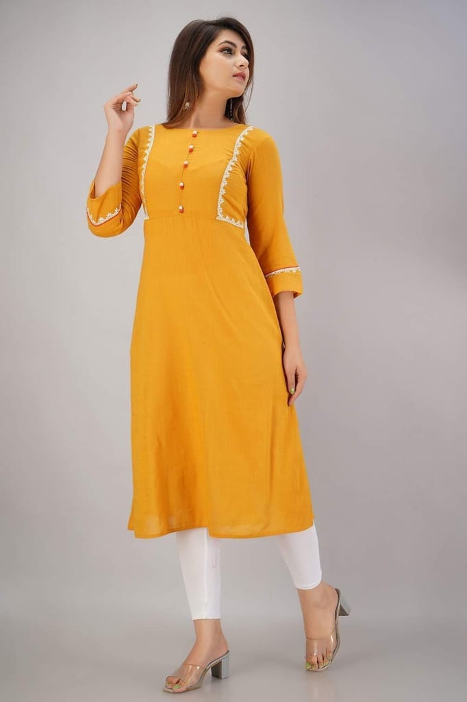 JAIPURETHNICWEAVES Women's Cotton Slub Embroidered Straight Kurta (Mustard)