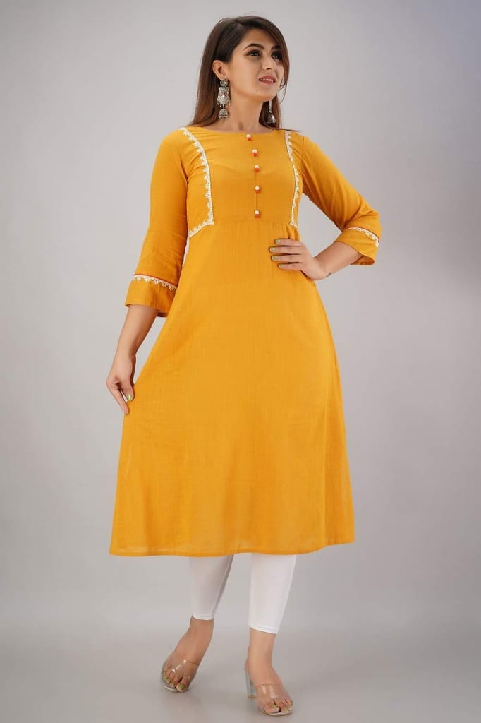 JAIPURETHNICWEAVES Women's Cotton Slub Embroidered Straight Kurta (Mustard)
