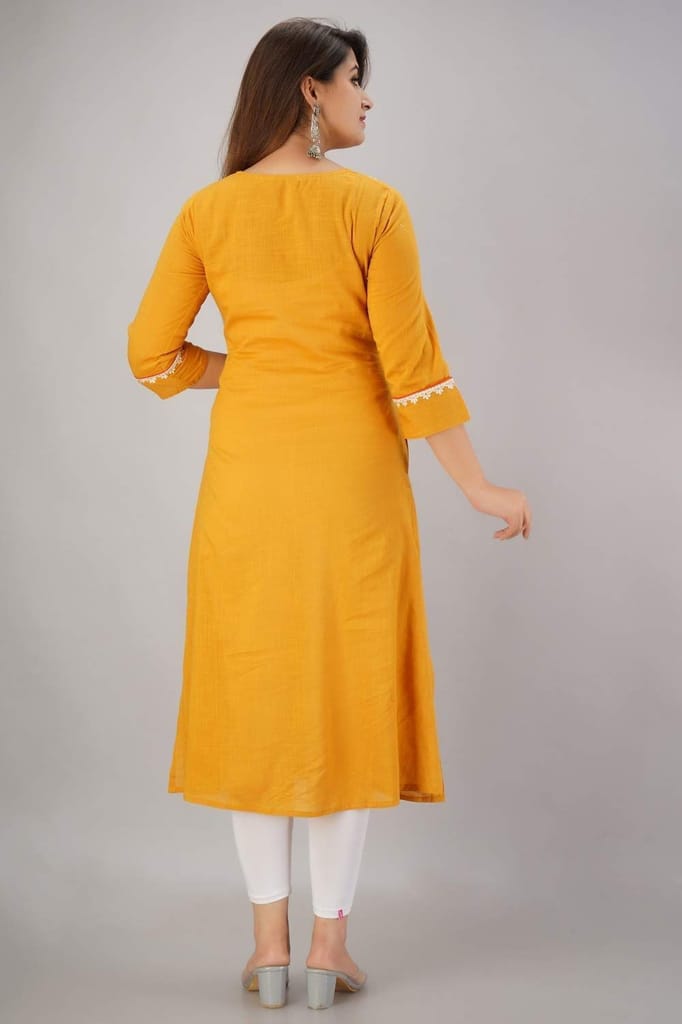 JAIPURETHNICWEAVES Women's Cotton Slub Embroidered Straight Kurta (Mustard)