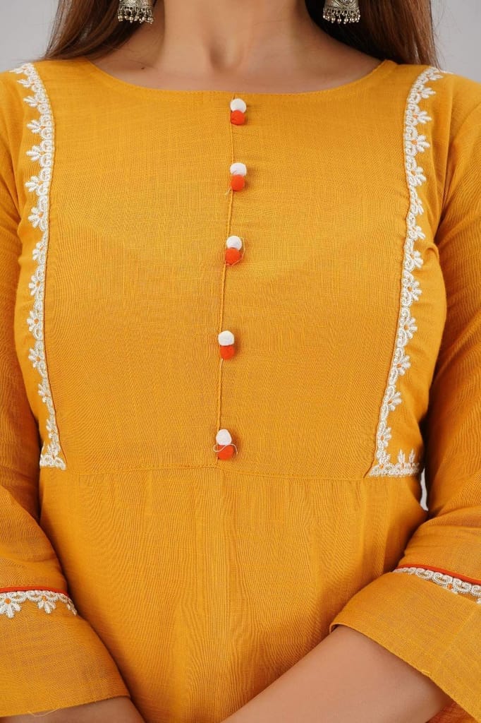 JAIPURETHNICWEAVES Women's Cotton Slub Embroidered Straight Kurta (Mustard)