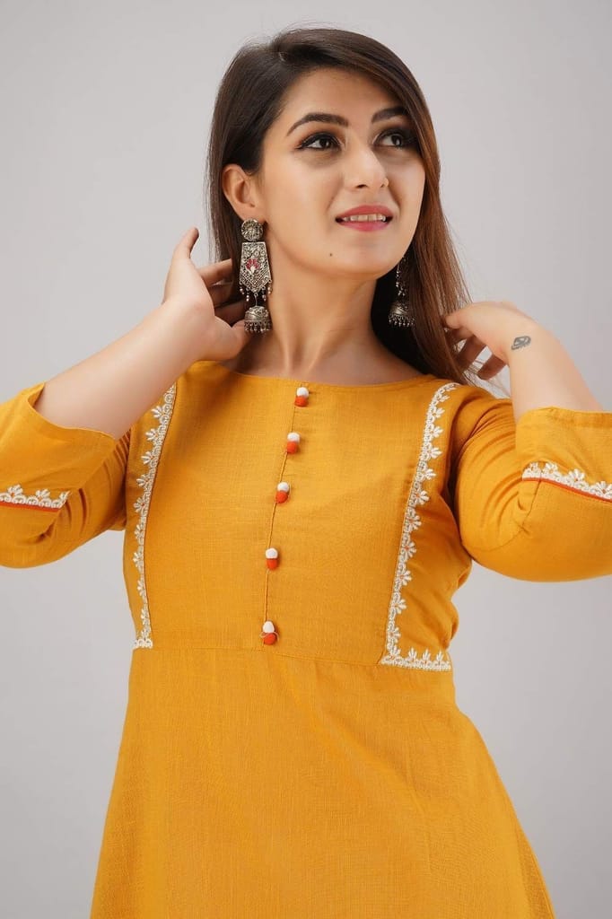 JAIPURETHNICWEAVES Women's Cotton Slub Embroidered Straight Kurta (Mustard)