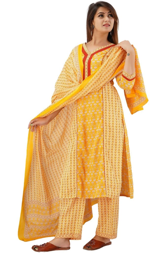 JAIPURETHNICWEAVES Women's Cotton Cambric Buti Printed Straight Kurta Palazzo & Dupatta Set