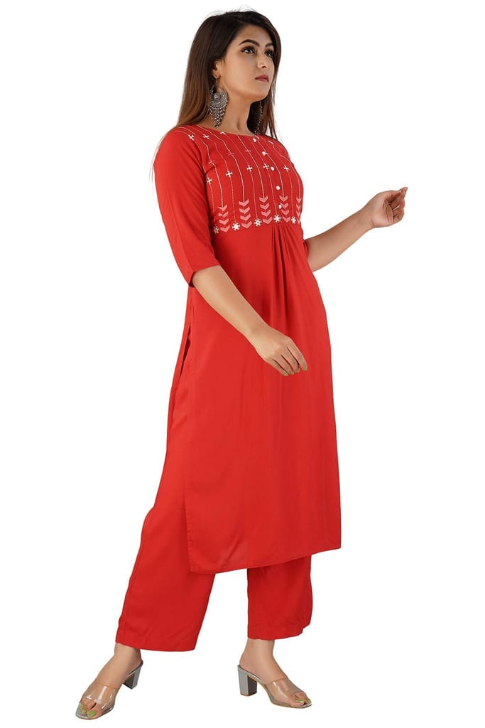 JAIPURETHNICWEAVES Women's Rayon Embroidered Straight Kurta & Palazzo Set