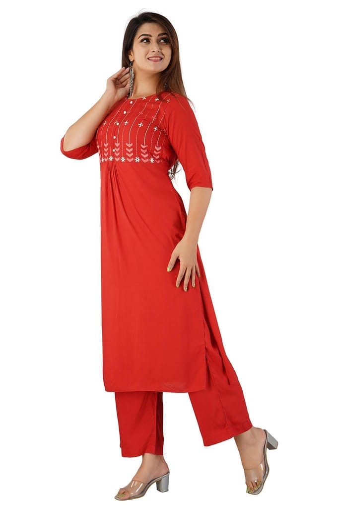 JAIPURETHNICWEAVES Women's Rayon Embroidered Straight Kurta & Palazzo Set