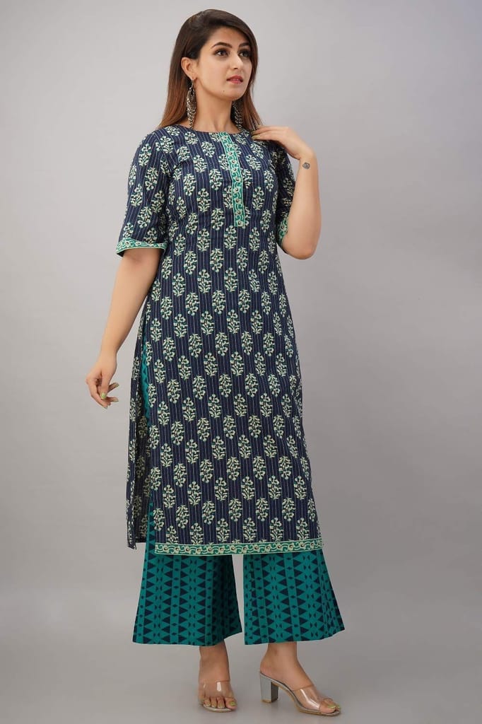 JAIPURETHNICWEAVES Women's Cotton Cambric Floral Printed Straight Kurta Palazzo & Dupatta Set