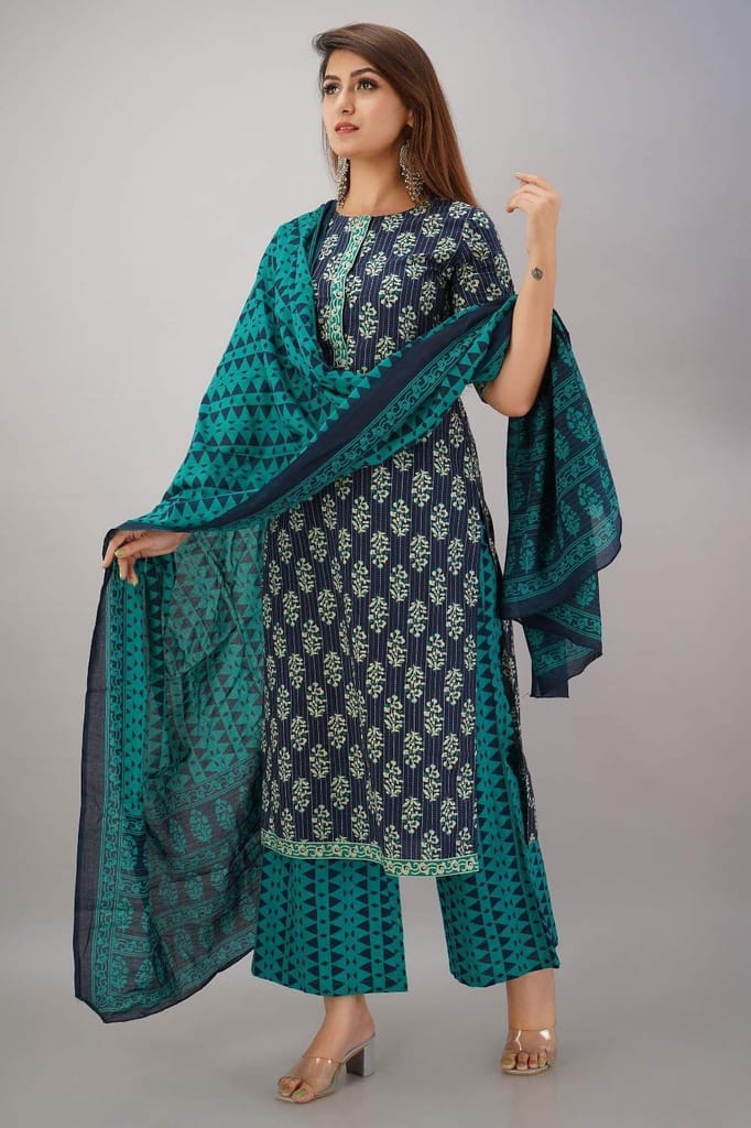 JAIPURETHNICWEAVES Women's Cotton Cambric Floral Printed Straight Kurta Palazzo & Dupatta Set