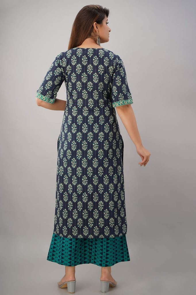 JAIPURETHNICWEAVES Women's Cotton Cambric Floral Printed Straight Kurta Palazzo & Dupatta Set