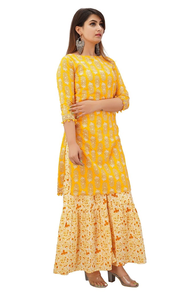JAIPURETHNICWEAVES Women's Cotton Cambric Floral Printed Straight Kurta Sharara & Dupatta Set